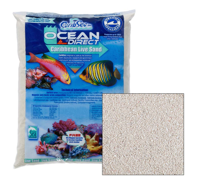 CaribSea Ocean Direct 20lb (9кг) живой песок для морских аквариумов фракция 0,25-1мм