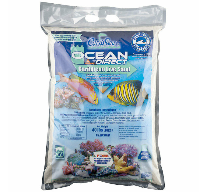 CaribSea Ocean Direct 40lb (18кг) живой песок для морских аквариумов фракция 0,25-1мм
